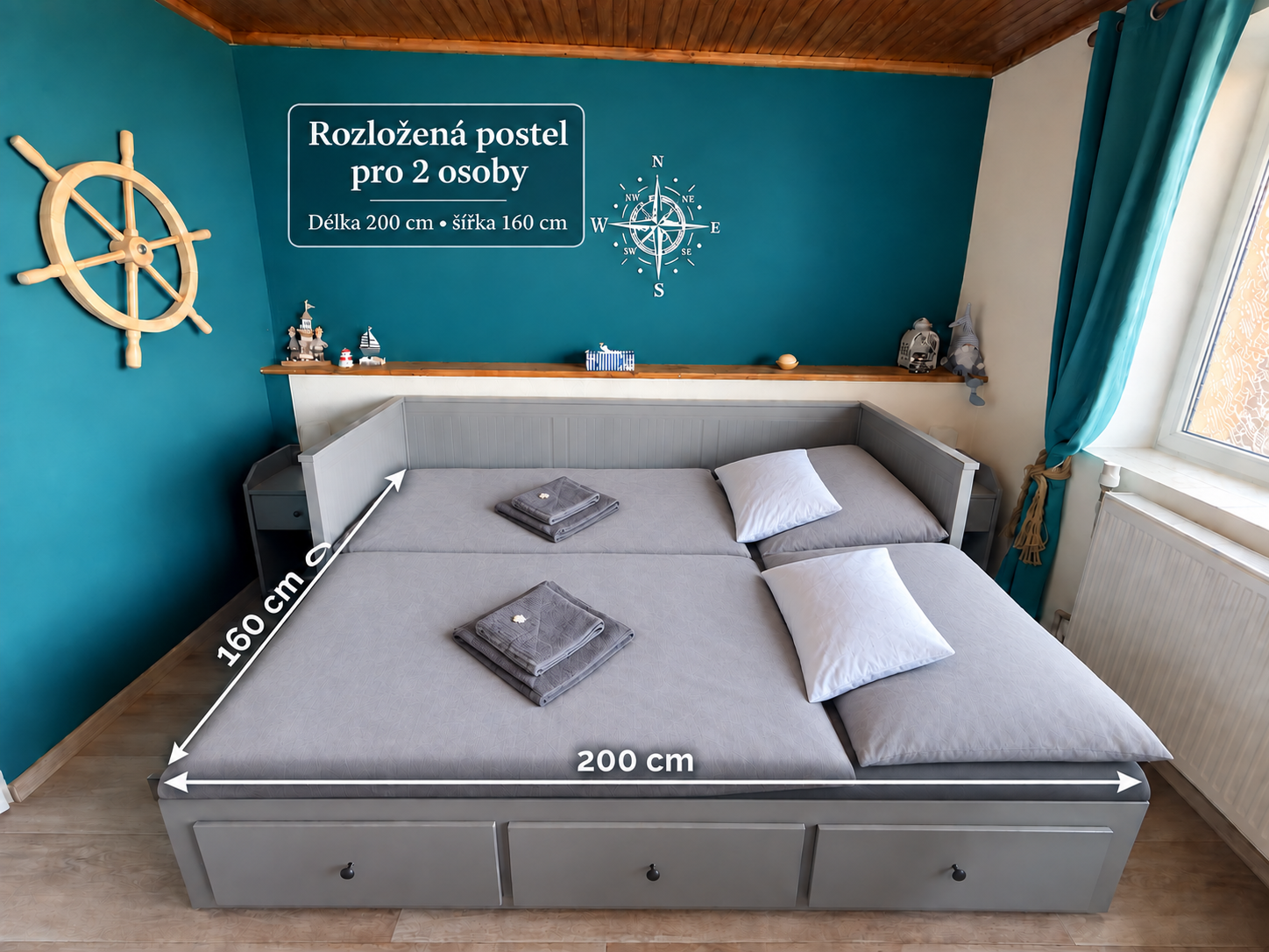 Rozložená postel pro 2 osoby – délka 200 cm, šířka 160 cm